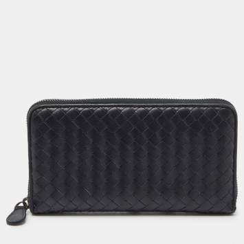 Pre Owned Bottega Veneta Black Intrecciato Leather Zip Around Wallet