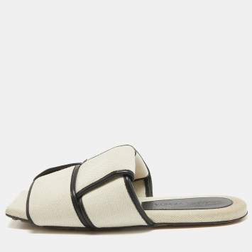 Pre Owned Bottega Veneta Beige/Black Canvas and Leather Lido Flat Slides Size 38