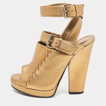 Pre Owned Bottega Veneta Metallic Leather Buckle Detail Platform Ankle Strap Sandals Size 38
