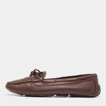 Pre Owned Bottega Veneta Brown  Intrecciato Leather Bow Loafers Size 40.5