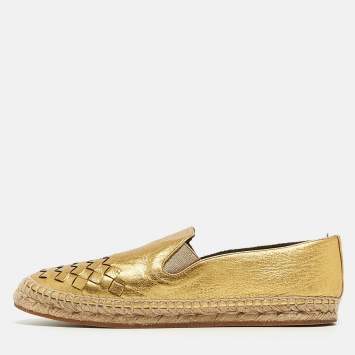 Pre Owned Bottega Veneta Gold Intrecciato Leather Espadrille Flats Size 36