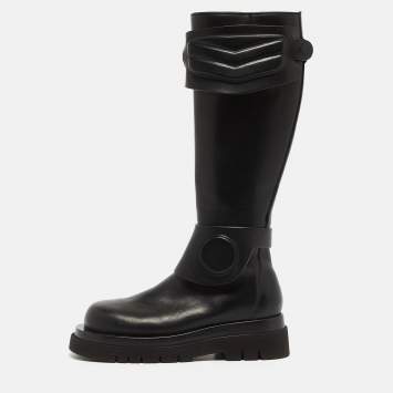 Pre Owned Bottega Veneta Black Leather Platform Knee Length Boots Size 37 