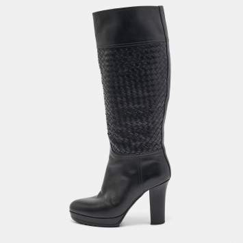Pre Owned Bottega Veneta Black Woven Leather Knee Length Boots Size 39.5