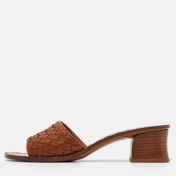 Pre Owned Bottega Veneta Brown Intrecciato Leather Slide Sandals Size 37