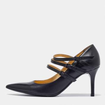 Pre Owned Bottega Veneta Black Leather Mary Jane Pumps Size 37.5