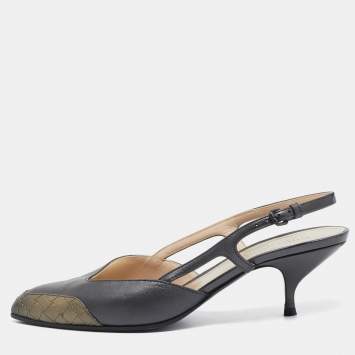 Pre Owned Bottega Veneta Grey Leather Slingback Pumps Size 37.5