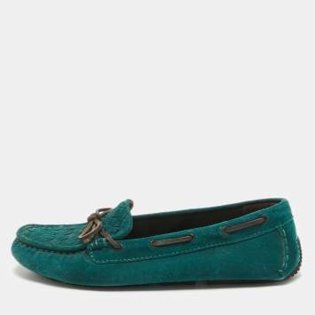 Pre Owned Bottega Veneta Green Intrecciato Suede Bow Loafers Size 37.5