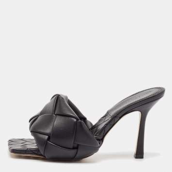 Pre Owned Bottega Veneta Black Woven Leather Lido Slide Sandals Size 36