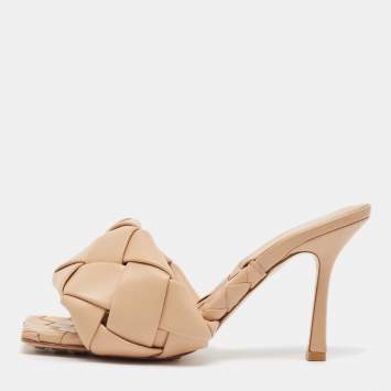 Pre Owned Bottega Veneta Beige Woven Leather Lido Slide Sandals Size 38
