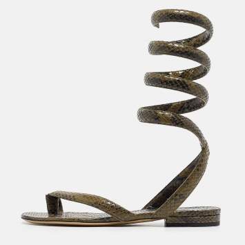Pre Owned Bottega Veneta Green Python Embossed Leather Ankle Strap Sandals 37