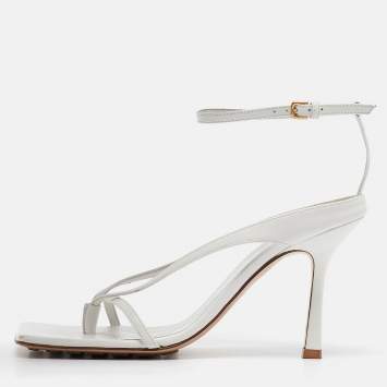 Pre Owned Bottega Veneta White Leather Stretch Ankle Strap Sandals Size 37.5
