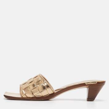 Pre Owned Bottega Veneta Metallic Leather Slide Sandals Size 37