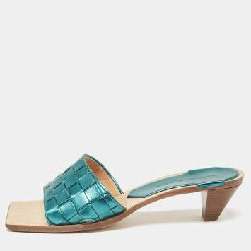 Pre Owned Bottega Veneta Green Metallic Woven Leather Slide Sandals Size 37.5