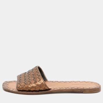 Pre Owned Bottega Veneta Gold Intrecciato Leather Flat Slides Size 37