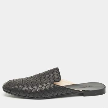 Pre Owned Bottega Veneta Black Intrecciato Leather Fiandra Flat Mules Size 40.5