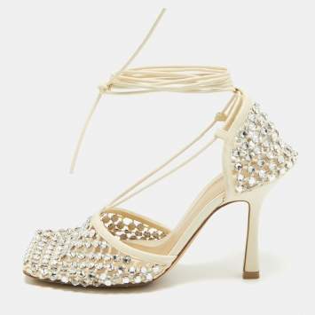 Pre Owned Bottega Veneta Cream Crystal Embellished Mesh Stretch Ankle Tie Pumps Size 37