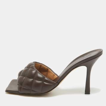 Pre Owned Bottega Veneta Dark Brown Intrecciato Leather Lido Padded Slide Sandals Size 39.5