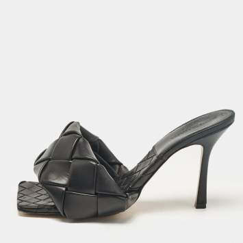Pre Owned Bottega Veneta Black Woven Leather Lido Slide Sandals Size 42