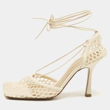 Pre Owned Bottega Veneta Cream Leather and Mesh Stretch Ankle Strap Sandals Size 37.5