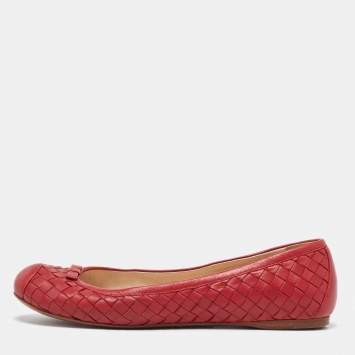 Pre Owned Bottega Veneta Red Intrecciato Leather Ballet Flats Size 38