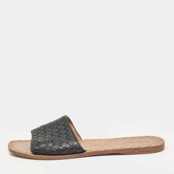Pre Owned Bottega Veneta Black Intrecciato Leather Flat Slides Size 40