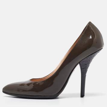 Pre Owned Bottega Veneta Grey Patent Leather Pointed Toe Pumps Size 38.5