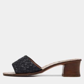 Pre Owned Bottega Veneta Black Intrecciato Leather Ravello Slide Sandals Size 39.5