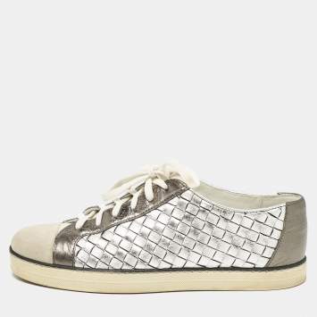 Pre Owned Bottega Veneta Silver Leather and Suede Intrecciato Lace Up Sneakers Size 38