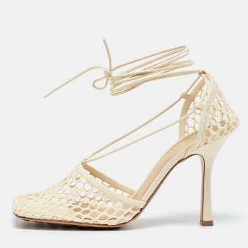 Pre Owned Bottega Veneta Cream Leather and Stretch Mesh Wrap Around Pumps Size 41