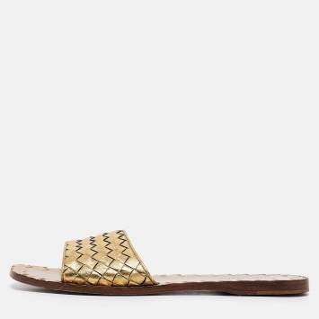 Pre Owned Bottega Veneta Gold Leather Intrecciato Flat Slides Size 36.5
