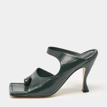Pre Owned Bottega Veneta Green Leather Toe Ring Slide Sandals Size 38.5