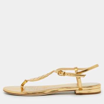 Pre Owned Bottega Veneta Gold Leather Ankle Strap Flat Sandals Size 38