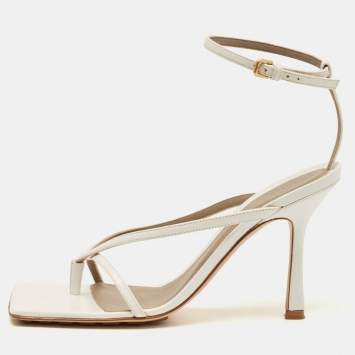Pre Owned Bottega Veneta White Leather Stretch Ankle Strap Sandals Size 37.5