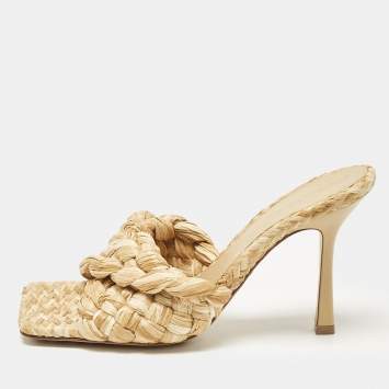 Pre Owned Bottega Veneta Beige Woven Raffia Lido Slide Sandals Size 39