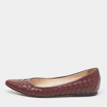 Pre Owned Bottega Veneta Burgundy Intrecciato Leather Ballet Flats Size 37