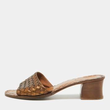Pre Owned Bottega Veneta Metallic Intrecciato Leather Ravello Slide Sandals Size 40.5