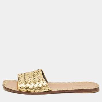 Pre Owned Bottega Veneta Gold Intrecciato Leather Flat Slides Size 40.5