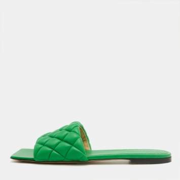 Pre Owned Bottega Veneta Green Quilted Leather Flat Slides Size 42