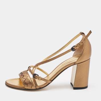 Pre Owned Bottega Veneta Metallic Gold Intrecciato Leather Block Heel Sandals Size 36