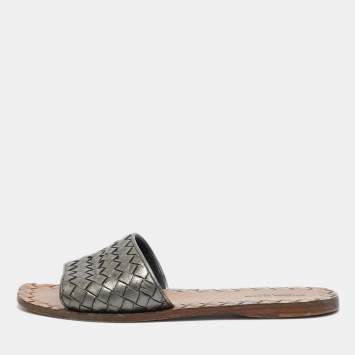 Pre Owned Bottega Veneta Metallic Grey Intrecciato Leather Slide Flat Sandals Size 37