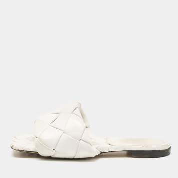Pre Owned Bottega Veneta White Woven Leather Lido Flat Slides Size 37.5
