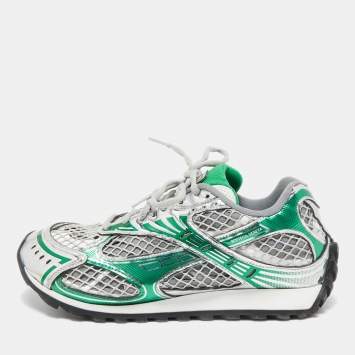 Pre Owned Bottega Veneta Green/Grey Mesh and Leather Orbit Sneakers Size 38