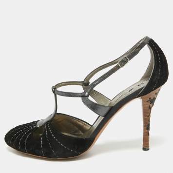 Pre Owned Bottega Veneta Black Leather and Velvet Mary Jane Pumps Size 39