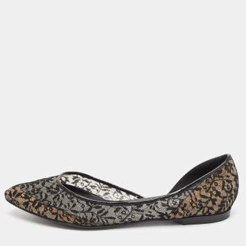 Pre Owned Bottega Veneta Black Lace and Patent Leather Ballet Flats Size 36.5