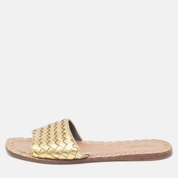 Pre Owned Bottega Veneta Metallic Gold Intrecciato Leather Slide Flats Size 38.5