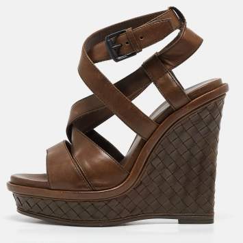 Pre Owned Bottega Veneta Brown Intrecciato Leather Wedge Sandals Size 38