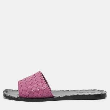 Pre Owned Bottega Veneta Purple Intrecciato Leather Slide Sandals Size 37.5