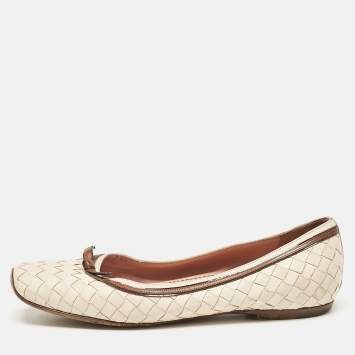 Pre Owned Bottega Veneta Cream Woven Leather Intrecciato Ballet Flats Size 36