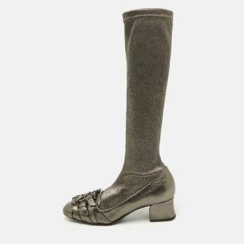 Pre Owned Bottega Veneta Metallic Leather and Fabric Knee High Boots Size 38