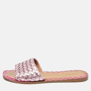 Pre Owned Bottega Veneta Rose Pink Intrecciato Leather Flat Sandals Size 37.5